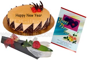 Cake W/ Red rose & New Year Card