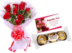 Red Roses W/ Ferrero Rocher & New Year Card