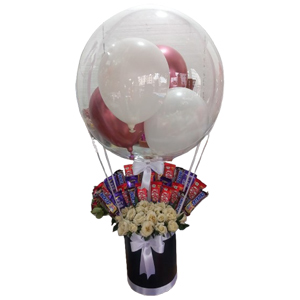 Transparent balloon W/ chocolate and White Roses