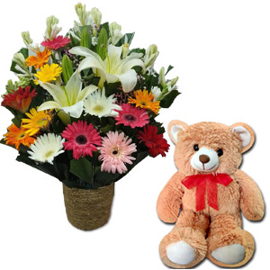 (38) Flower Basket W/ Teddy Bear