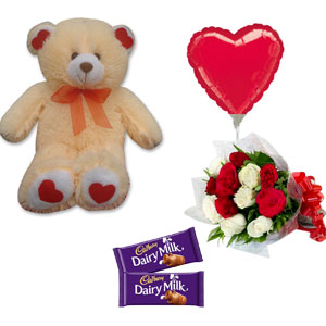 Teddy bear W/ Balloon, chocolate and Flower Bouquet
