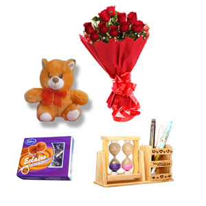 Pen holder W/ teddy bear, chocolate and Flower Bouquet