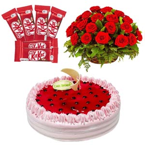 Strawberry Cake & KitKat Chocolate W/ 2 dozen red roses in a basket