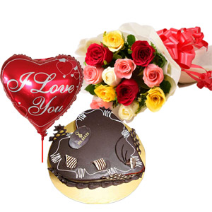 (61) Cake W/ 1 dz multicolor roses & Balloon