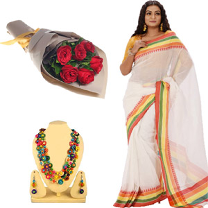 (18) Saree with rose and neckless set