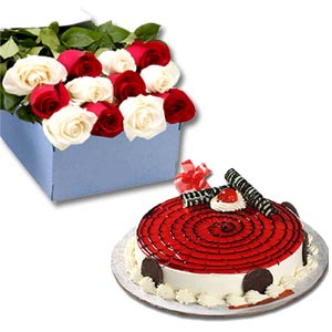 (23) White & Red Roses W/ Cake