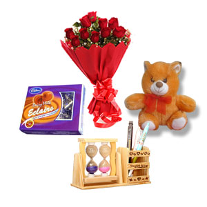 Flower W/ Chocolate, Pen Holder & Teddy Bear