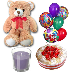 Teddy bear W/ Balloons, Candle & Cake