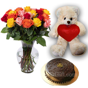 Multi-color Roses W/ Cake & Teddy bear