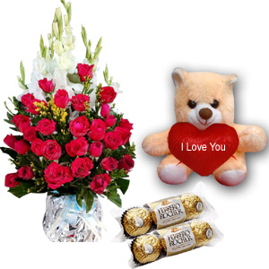 Mixed Flowers W/ Teddy bear & Chocolates