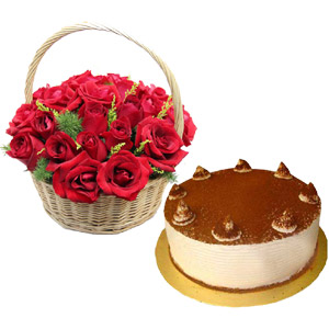 Red Roses Basket W/ Cake