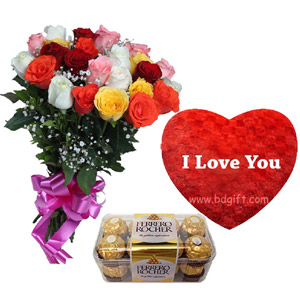 Multi-color Roses W/ Chocolate & Pillow