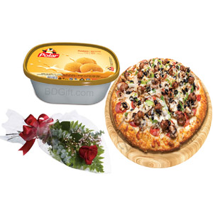 Pizza W/ Ice-cream & Red rose