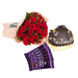 (10) Cake W/ 2 dz red roses & Chocolates