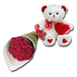 Teddy Bear w/ 1 dz red roses & red heart