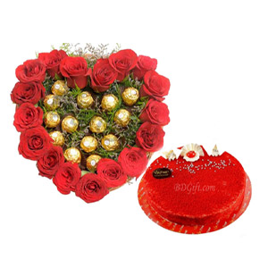 Heart shaped Roses W/ Chocolate & Cake