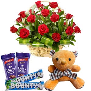 Roses with bear and chocolates
