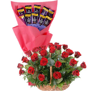 Roses in basket and chocolate bouquet