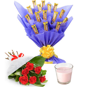 Chocolate bouquet with roses and candle