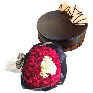 Red & White Roses with Chocolate Cake
