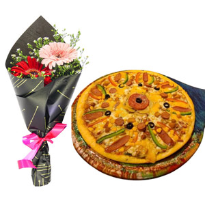 Pizza & Gerbera Bouquet Combo