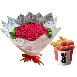 100 Red Roses with KFC Chicken Combo