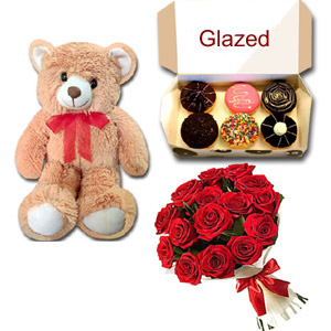 Doughnuts W/ teddy bear & red roses