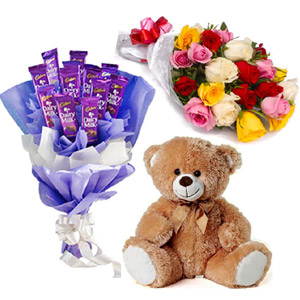 Chocolate bouquet W/ Mixed roses & Teddy bear
