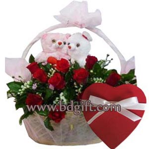 (83) 2 dozen red roses in basket W/ Bear & chocolate