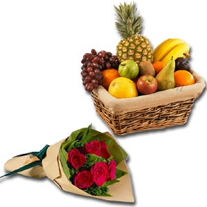 Fruit Basket W/ Red Roses in a Bouquet