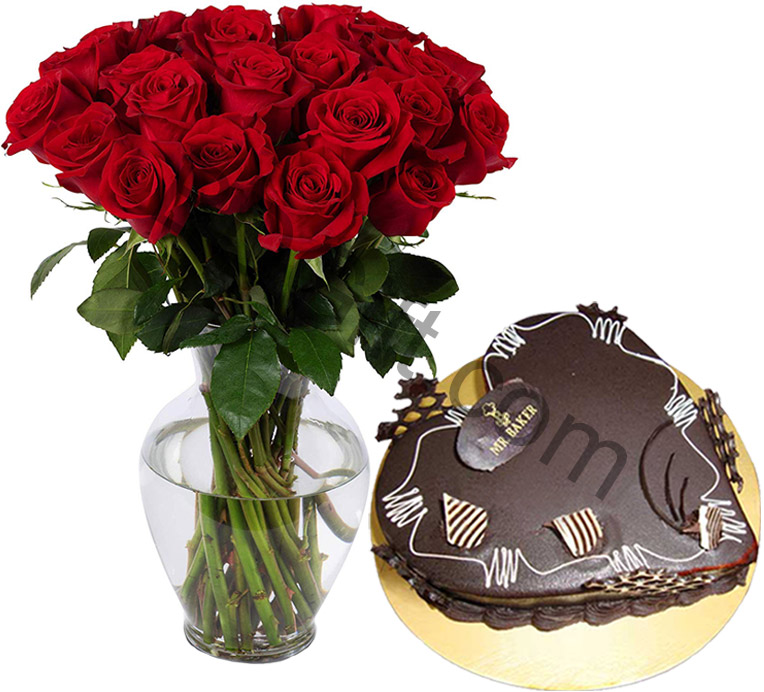 Cake w/ 2 dozen Red Roses in  a vase