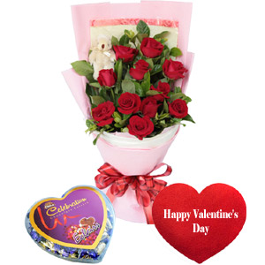 (27) Flower bouquet with heart shape pillow and chocolate