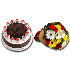 Black Forest Cake W/Mixed Gerbera in Bouquet