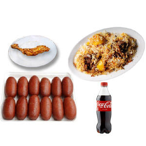 Sweets W/ biryani, roast & coke