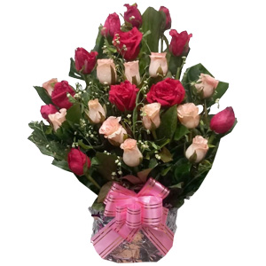 Red & Pink Roses in  a Basket 