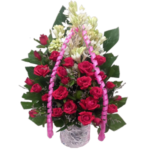 Elegant 24 Red Roses & 6 Rajanigandha Basket