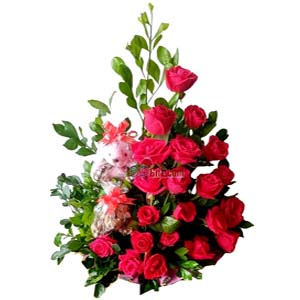 20 Pcs Red Roses W/2 pcs Keyring Teddy Bear
