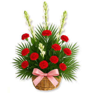 Carnations & Rajhanighandha (Tube rose) in a Basket