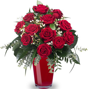 1 dozen red roses in a vase