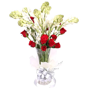 Rajanigandha and Rose in a Vase