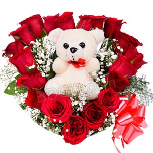 (03) Roses and bear in heart shape basket