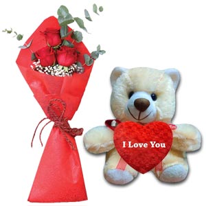 (0001) Red Roses & Teddy Bear with Heart