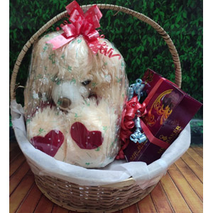 Teddy bear and chocolates in a basket