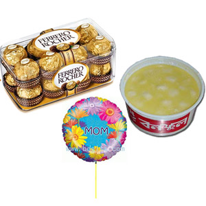 Ferrero rocher chocolates with mom balloon & rosmalai