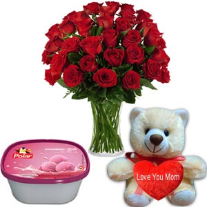 Red roses in vase with bear and ice cream
