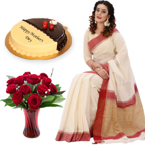 Half silk sharee with cake and red roses in vase