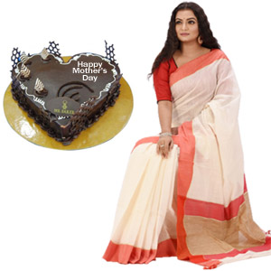 Half silk sharee with heart shape cake