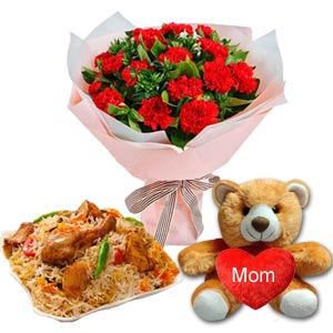 Red carnations with teddy bear and biryani