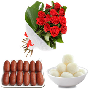 Red roses in bouquet with sweets