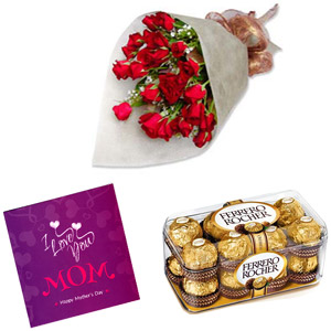 Red roses in bouquet with card and chocolates